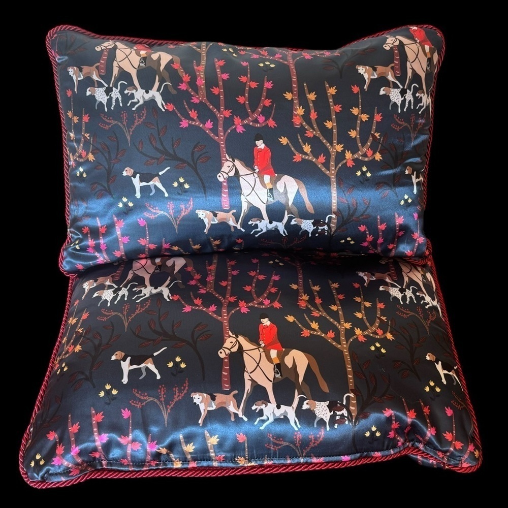 Dark Navy and Maroon Fox Hunting Horse Print Pillows with Maroon Cording